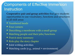 Components of Effective Immersion Instruction Cooperative pair and group activities  that give students opportunities to use vocabulary, functions and structures in all skill areas Numbered heads Four corners Describing a membrane with a small group Matching people and their jobs/functions Post-it story summary Role-play the story chapter Joint writing activities Matching cards (e.g., animal + environment) 