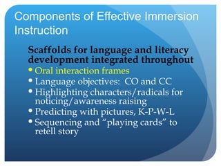 Components of Effective Immersion Instruction Scaffolds for language and literacy development integrated throughout Oral interaction frames Language objectives:  CO and CC Highlighting characters/radicals for noticing/awareness raising Predicting with pictures, K-P-W-L Sequencing and “playing cards” to retell story 