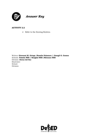 Answer Key
ACTIVITY 2.2
 Refer to the Scoring Rubrics
Writers: Giovanni M. Ortega /Rosalie Palamara / Jimagil O. Gomez
Schools: Padada NHS / Bangkal NHS /Matanao NHS
Division: Davao del Sur
Illustrator:
School:
Division:
 