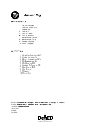 Answer Key
SELF-CHECK 2.1
1. Do not disturb
2. Did not check out
3. Check out
4. Due out
5. Out of Order
6. Out of Service
7. Vacant and Clean
8. Vacant and Dirty
9. Heavy Luggage
10.Light Luggage
ACTIVITY 2.1
1. New Checked in or NCI
2. Chain Lock or CL
3. Heavy Luggage or H/L
4. No Luggage or NL
5. No Show or NS
6. Service Refused or SR
7. Due Out or DO
8. On- Queue
9. Skipper
10.Sleep-Out
Writers: Giovanni M. Ortega / Rosalie Palamara / Jimagil O. Gomez
School: Padada NHS/ Bangkal NHS / Matanao NHS
Division: Davao del Sur
Illustrator:
School:
Division:
 