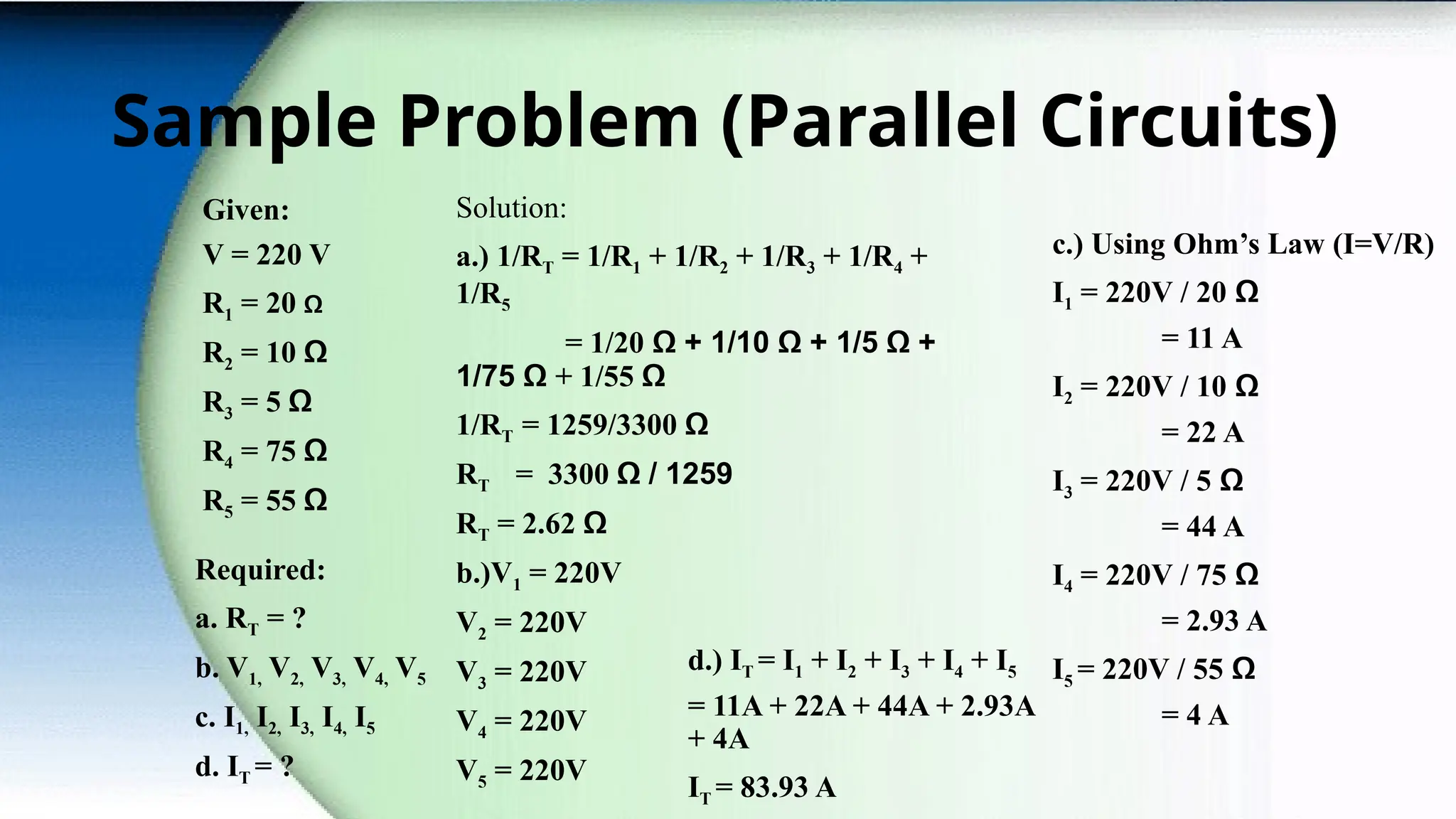Sample Problem (Parallel Circuits)
Given:
V = 220 V
R1 = 20 Ω
R2 = 10 Ω
R3 = 5 Ω
R4 = 75 Ω
R5 = 55 Ω
Required:
a. RT = ?
b. V1, V2, V3, V4, V5
c. I1, I2, I3, I4, I5
d. IT = ?
Solution:
a.) 1/RT = 1/R1 + 1/R2 + 1/R3 + 1/R4 +
1/R5
= 1/20 Ω + 1/10 Ω + 1/5 Ω +
1/75 Ω + 1/55 Ω
1/RT = 1259/3300 Ω
RT = 3300 Ω / 1259
RT = 2.62 Ω
b.)V1 = 220V
V2 = 220V
V3 = 220V
V4 = 220V
V5 = 220V
c.) Using Ohm’s Law (I=V/R)
I1 = 220V / 20 Ω
= 11 A
I2 = 220V / 10 Ω
= 22 A
I3 = 220V / 5 Ω
= 44 A
I4 = 220V / 75 Ω
= 2.93 A
I5 = 220V / 55 Ω
= 4 A
d.) IT = I1 + I2 + I3 + I4 + I5
= 11A + 22A + 44A + 2.93A
+ 4A
IT = 83.93 A
 