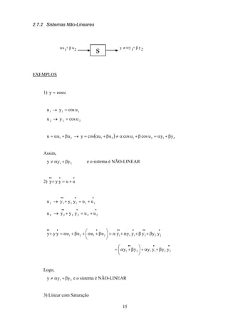 15
2.7.2 Sistemas Não-Lineares
su +
1 2α β u y +
1 2α β yy ≠
EXEMPLOS
1) y u= cos
111 ucosyu =→
222 ucosyu =→
( ) 21212121 yyucosucosuucosyuuu β+α=β+α≠β+α=→β+α=
Assim,
21 yyy β+α≠ e o sistema é NÃO-LINEAR
2)
••••
+=+ uuyyy
••••
+=+→ 111111 uuyyyu
••••
+=+→ 222222 uuyyyu
••••••••••
β+β+α+α=





β+α+β+α=+ 2221112121 yyyyyyuuuuyyy
••••
β+α+





β+α= 221121 yyyyyy
Logo,
21 yyy β+α≠ e o sistema é NÃO-LINEAR
3) Linear com Saturação
 