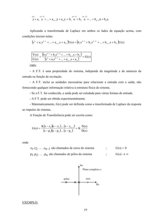 19
ubub...ububyaya...yay n1n
)2n(
2
)1n(
1n1n
)1n(
1
)n(
++++=++++ −
−−
−
−
&&
Aplicando a transformada de Laplace em ambos os lados da equação acima, com
condições iniciais nulas:
( ) ( ) )s(Ubsb...sbsb)s(Yasa...sas n1n
2n
2
1n
1n1n
1n
1
n
++++=++++ −
−−
−
−
( )
( ) )s(G
asa...sas
bsb...sbsb
)s(U
)s(Y
n1n
1n
1
n
n1n
2n
2
1n
1
=
++++
++++
=
−
−
−
−−
OBS:
- A F.T. é uma propriedade do sistema, independe da magnitude e da natureza da
entrada ou função de excitação.
- A F.T. inclui as unidades necessárias para relacionar a entrada com a saída, não
fornecendo qualquer informação relativa à estrutura física do sistema.
- Se a F.T. for conhecida, a saída pode ser estudada para várias formas de entrada.
- A F.T. pode ser obtida experimentalmente.
- Matematicamente, G(s) pode ser definida como a transformada de Laplace da resposta
ao impulso do sistema.
A Função de Transferência pode ser escrita como:
( )( ) ( )
( )( ) ( ) )s(D
)s(N
K
ps...psps
zs...zszsK
)s(G
n21
1n21
=
−−−
−−−
= −
onde
z z zn1 2 1, , ,... − são chamados de zeros do sistema ; G s( ) = 0
p p pn1 2, , ,... são chamados de pólos do sistema ; G s( ) → ∞
Re
Im
pólos zero
Plano complexo s
EXEMPLO:
 