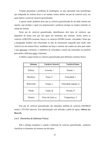 23
Visando generalizar o problema de modelagem, ou seja, apresentar uma metodologia
que independa do sistema físico a ser tratado, iremos definir um par de variáveis (e,f), aos
quais damos o nome de variáveis generalizadas.
A grosso modo, podemos dizer que as variáveis generalizadas de um dado sistema são
aquelas cujo produto é igual (ou proporcional) a potência (energia no tempo) entrando ou
saindo do sistema.
Neste par de variáveis generalizadas, identificamos dois tipos de variáveis, que
dependem da forma com que elas agem nos elementos dos sistemas. Assim, temos as
variáveis ATRAVÉS (corrente, força) e as variáveis ENTRE (tensão, velocidade). Notar que
a designação também está relacionada ao tipo de instrumento requerido para medir cada
variável em um sistema físico: medidores de força e corrente são usados em série para medir
o que atravessa o elemento, e medidores de velocidade e tensão são conectados em paralelo
para medir a diferença entre o elemento.
A tabela a seguir mostra as variáveis generalizadas para diferentes sistemas físicos.
Sistema Variável Através Variável Entre
Elétrico Corrente, i Tensão, v
Mecânico Força, F Velocidade, v
Rotacional Torque, τ Velocidade angular, ω
Fluido Vazão, Q Pressão, P
Térmico Fluxo de Calor, q Temperatura, T
Este par de variáveis generalizadas são chamados também de variáveis ESFORÇO
(entre) e FLUXO (através). Esta denominação será utilizada a partir de agora: esforço (e),
fluxo (f).
3.4.2 Elementos de Sistemas Físicos
Sob o enfoque energético e usando a definição de variáveis generalizadas , podemos
classificar os elementos de sistemas em três tipos:
 