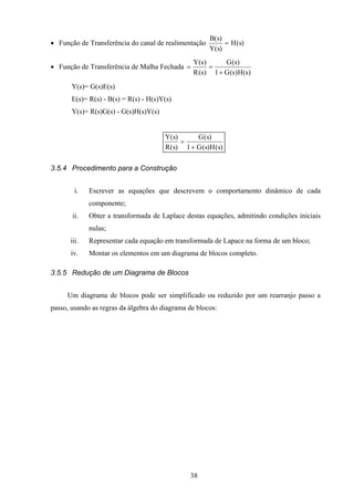 38
• Função de Transferência do canal de realimentação
B s
Y s
H s
( )
( )
( )=
• Função de Transferência de Malha Fechada
)s(H)s(G1
)s(G
)s(R
)s(Y
+
==
Y(s)= G(s)E(s)
E(s)= R(s) - B(s) = R(s) - H(s)Y(s)
Y(s)= R(s)G(s) - G(s)H(s)Y(s)
Y s
R s
G s
G s H s
( )
( )
( )
( ) ( )
=
+1
3.5.4 Procedimento para a Construção
i. Escrever as equações que descrevem o comportamento dinâmico de cada
componente;
ii. Obter a transformada de Laplace destas equações, admitindo condições iniciais
nulas;
iii. Representar cada equação em transformada de Lapace na forma de um bloco;
iv. Montar os elementos em um diagrama de blocos completo.
3.5.5 Redução de um Diagrama de Blocos
Um diagrama de blocos pode ser simplificado ou reduzido por um rearranjo passo a
passo, usando as regras da álgebra do diagrama de blocos:
 
