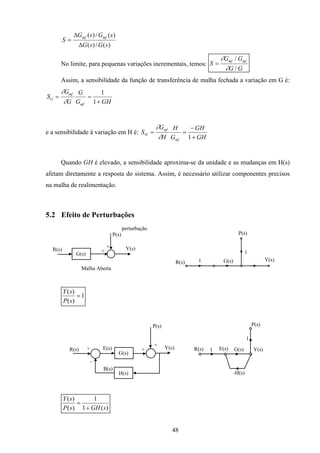 48
)(/)(
)(/)(
sGsG
sGsG
S mfmf
∆
∆
=
No limite, para pequenas variações incrementais, temos:
GG
GG
S mfmf
/
/
∂
∂
=
Assim, a sensibilidade da função de transferência de malha fechada a variação em G é:
GHG
G
G
G
S
mf
mf
G
+
==
1
1
∂
∂
e a sensibilidade à variação em H é:
GH
GH
G
H
H
G
S
mf
mf
H
+
−
==
1∂
∂
Quando GH é elevado, a sensibilidade aproxima-se da unidade e as mudanças em H(s)
afetam diretamente a resposta do sistema. Assim, é necessário utilizar componentes precisos
na malha de realimentação.
5.2 Efeito de Perturbações
G(s)
R(s) Y(s)
Malha Aberta
P(s)
+
+
perturbação
G(s)R(s) Y(s)1
1
P(s)
1
)(
)(
=
sP
sY
R(s) +
-
G(s)
H(s)
E(s)
B(s)
Y(s) Y(s)R(s) E(s)1 G(s)
-H(s)
P(s)
+
+
1
P(s)
)(1
1
)(
)(
sGHsP
sY
+
=
 