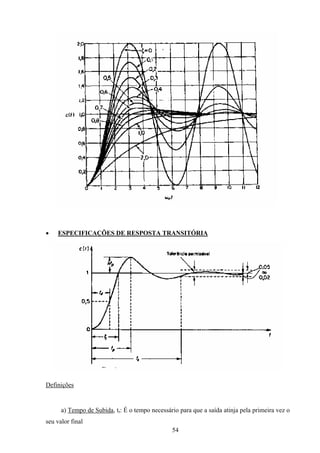 54
• ESPECIFICAÇÕES DE RESPOSTA TRANSITÓRIA
Definições
a) Tempo de Subida, tr: É o tempo necessário para que a saída atinja pela primeira vez o
seu valor final
 