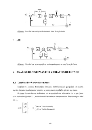 69
Objetivo: Não derivar variações bruscas no sinal de referência.
• I-PD
Objetivo: Não derivar, nem amplificar variações bruscas no sinal de referência.
8 ANÁLISE DE SISTEMAS POR VARIÁVEIS DE ESTADO
8.1 Descrição Por Variáveis de Estado
É aplicável a sistemas de múltiplas entradas e múltiplas saídas, que podem ser lineares
ou não-lineares, invariantes ou variantes no tempo e com condições iniciais não-nulas.
O estado de um sistema no instante t0 é a quantidade de informação em t0 que, junto
com a entrada u(t) em t t≥ 0, determina univocamente o comportamento do sistema para todo
t t≥ 0.



→
→
⇒












=
estadodeVariável)(
estadodeVetor)(
;
)(
:
)(
)(
)(
i
2
1
tx
t
tx
tx
tx
t
n
x
x
 