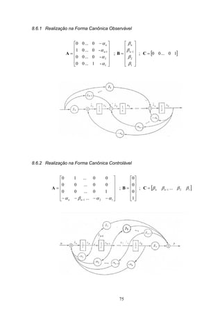 75
8.6.1 Realização na Forma Canônica Observável
[ ]10...00;;
-1...00
-0...00
-0...01
0...00
1
2
1
1
2
1-n
=












=











 −
= −
CBA
β
β
β
β
α
α
α
α
n
nn
8.6.2 Realização na Forma Canônica Controlável
[ ]121
121
...;
1
0
0
0
;
...
10...00
00...00
00...10
ββββ
ααβα
−
−
=












=












−−−−
= nn
nn
CBA
 