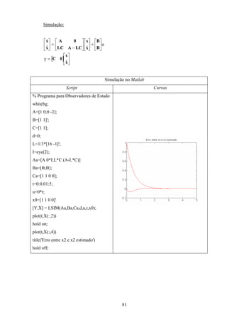 81
Simulação:
[ ] 





=






+











−
=





x
x
0C
B
B
x
x
LCALC
0A
x
x
ˆ
y
u
ˆˆ&
&
Simulação no Matlab
Script Curvas
% Programa para Observadores de Estado
whitebg;
A=[1 0;0 -2];
B=[1 1]';
C=[1 1];
d=0;
L=1/3*[16 -1]';
I=eye(2);
Aa=[A 0*I;L*C (A-L*C)]
Ba=[B;B];
Ca=[1 1 0 0];
t=0:0.01:5;
u=0*t;
x0=[1 1 0 0]'
[Y,X] = LSIM(Aa,Ba,Ca,d,u,t,x0);
plot(t,X(:,2))
hold on;
plot(t,X(:,4))
title('Erro entre x2 e x2 estimado')
hold off;
 