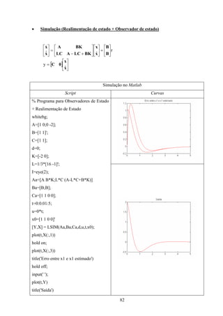 82
• Simulação (Realimentação de estado + Observador de estado)
[ ] 





=






+











+−
=





x
x
0C
B
B
x
x
BKLCALC
BKA
x
x
ˆ
y
r
ˆˆ&
&
Simulação no Matlab
Script Curvas
% Programa para Observadores de Estado
+ Realimentação de Estado
whitebg;
A=[1 0;0 -2];
B=[1 1]';
C=[1 1];
d=0;
K=[-2 0];
L=1/3*[16 -1]';
I=eye(2);
Aa=[A B*K;L*C (A-L*C+B*K)]
Ba=[B;B];
Ca=[1 1 0 0];
t=0:0.01:5;
u=0*t;
x0=[1 1 0 0]'
[Y,X] = LSIM(Aa,Ba,Ca,d,u,t,x0);
plot(t,X(:,1))
hold on;
plot(t,X(:,3))
title('Erro entre x1 e x1 estimado')
hold off;
input(' ');
plot(t,Y)
title('Saída')
 