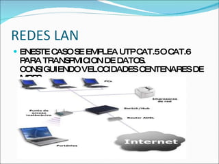 REDES LAN  ENESTE CASO SE EMPLEA UTP CAT.5 O CAT.6 PARA TRANSPMICION DE DATOS. CONSIGUIENDO VELOCIDADES CENTENARES DE MBPS. 