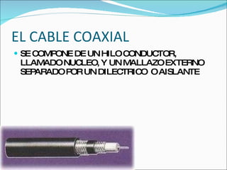 EL CABLE COAXIAL SE COMPONE DE UN HILO CONDUCTOR, LLAMADO NUCLEO, Y UN MALLAZO EXTERNO  SEPARADO POR UN DILECTRICO  O AISLANTE 
