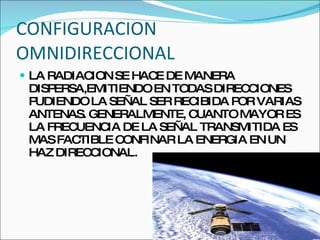 CONFIGURACION OMNIDIRECCIONAL LA RADIACION SE HACE DE MANERA DISPERSA,EMITIENDO EN TODAS DIRECCIONES PUDIENDO LA SEÑAL SER RECIBIDA POR VARIAS ANTENAS. GENERALMENTE, CUANTO MAYOR ES LA FRECUENCIA DE LA SEÑAL TRANSMITIDA ES MAS FACTIBLE CONFINAR LA ENERGIA EN UN HAZ DIRECCIONAL. 