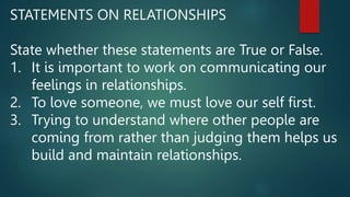 STATEMENTS ON RELATIONSHIPS
State whether these statements are True or False.
1. It is important to work on communicating our
feelings in relationships.
2. To love someone, we must love our self first.
3. Trying to understand where other people are
coming from rather than judging them helps us
build and maintain relationships.
 
