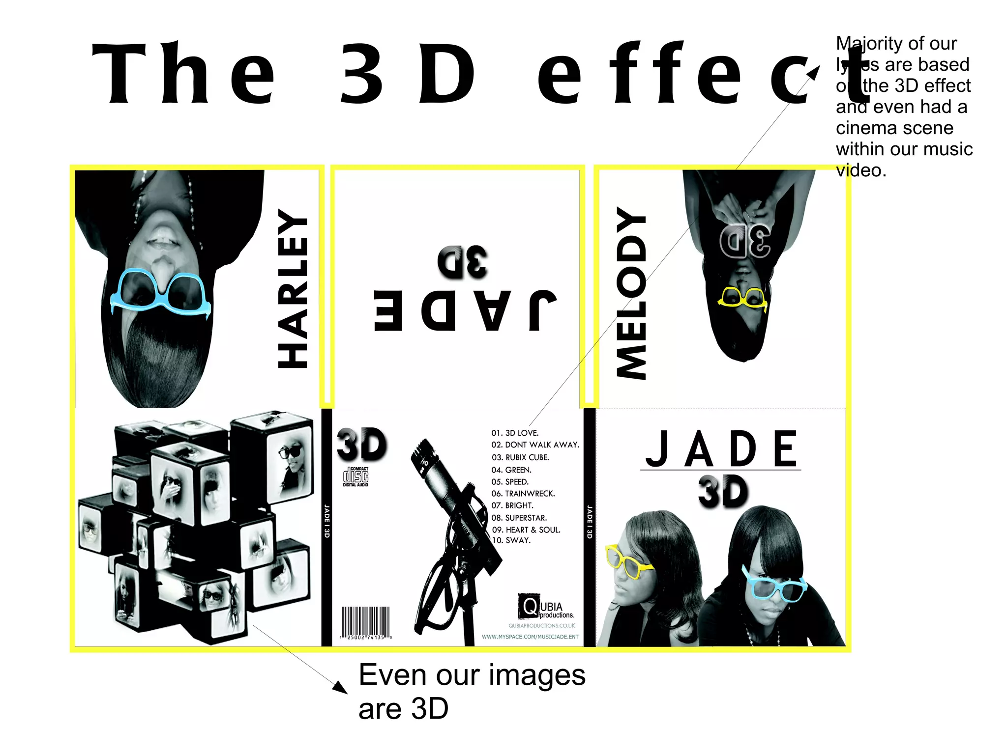 The 3D effect Majority of our lyrics are based on the 3D effect and even had a cinema scene within our music video.  Even our images are 3D 