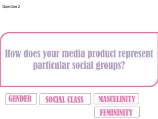 Question 2




 How does your media product represent
       particular social groups?


   GENDER    SOCIAL CLASS   MASCULINITY
                            FEMININITY
 