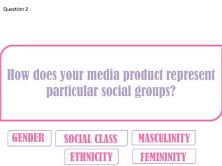 Question 2




 How does your media product represent
       particular social groups?


   GENDER    SOCIAL CLASS   MASCULINITY
              ETHNICITY     FEMININITY
 