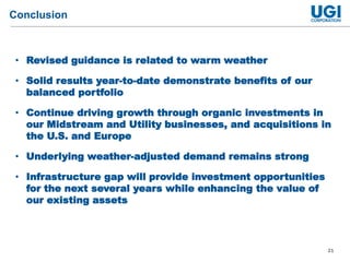 21
Conclusion
• Revised guidance is related to warm weather
• Solid results year-to-date demonstrate benefits of our
balanced portfolio
• Continue driving growth through organic investments in
our Midstream and Utility businesses, and acquisitions in
the U.S. and Europe
• Underlying weather-adjusted demand remains strong
• Infrastructure gap will provide investment opportunities
for the next several years while enhancing the value of
our existing assets
 
