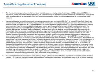26
 The Partnership’s management uses certain non-GAAP financial measures, including adjusted total margin, EBITDA, adjusted EBITDA and
adjusted net income attributable to AmeriGas Partners, L.P., when evaluating the Partnership’s overall performance. These financial measures are
not in accordance with, or an alternative to, GAAP and should be considered in addition to, and not as a substitute for, the comparable GAAP
measures.
 Management believes earnings before interest, income taxes, depreciation and amortization (“EBITDA”), as adjusted for the effects of gains and
losses on commodity derivative instruments not associated with current-period transactions and other gains and losses that competitors do not
necessarily have ("Adjusted EBITDA"), is a meaningful non-GAAP financial measure used by investors to (1) compare the Partnership’s operating
performance with that of other companies within the propane industry and (2) assess the Partnership’s ability to meet loan covenants. The
Partnership’s definition of Adjusted EBITDA may be different from those used by other companies. Management uses Adjusted EBITDA to
compare year-over-year profitability of the business without regard to capital structure as well as to compare the relative performance of the
Partnership to that of other master limited partnerships without regard to their financing methods, capital structure, income taxes, the effects of
gains and losses on commodity derivative instruments not associated with current-period transactions or historical cost basis. In view of the
omission of interest, income taxes, depreciation and amortization, gains and losses on commodity derivative instruments not associated with
current-period transactions and other gains and losses that competitors do not necessarily have from Adjusted EBITDA, management also
assesses the profitability of the business by comparing net income attributable to AmeriGas Partners, L.P. for the relevant years. Management also
uses Adjusted EBITDA to assess the Partnership’s profitability because its parent, UGI Corporation, uses the Partnership’s EBITDA, as adjusted to
exclude gains and losses on commodity derivative instruments not associated with current-period transactions, to assess the profitability of the
Partnership which is one of UGI Corporation’s industry segments. UGI Corporation discloses the Partnership’s EBITDA, as so adjusted, in its
disclosure about industry segments as the profitability measure for its domestic propane segment. Management believes the presentation of other
non-GAAP financial measures, comprised of adjusted total margin and adjusted net income (loss) attributable to AmeriGas Partners, L.P., provide
useful information to investors to more effectively evaluate the period-over-period results of operations of the Partnership. Management uses these
non-GAAP financial measures because they eliminate the impact of (1) gains and losses on commodity derivative instruments that are not
associated with current-period transactions and (2) other gains and losses that competitors do not necessarily have to provide insight into the
comparison of period-over-period profitability to that of other master limited partnerships.
 The following tables include reconciliations of adjusted total margin, EBITDA, adjusted EBITDA and adjusted net income attributable to AmeriGas
Partners, L.P. to the most directly comparable financial measure calculated and presented in accordance with GAAP for all the periods presented.
AmeriGas Supplemental Footnotes
 