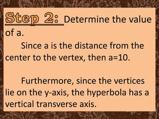 Determine the value
of a.
Since a is the distance from the
center to the vertex, then a=10.
Furthermore, since the vertices
lie on the y-axis, the hyperbola has a
vertical transverse axis.
 