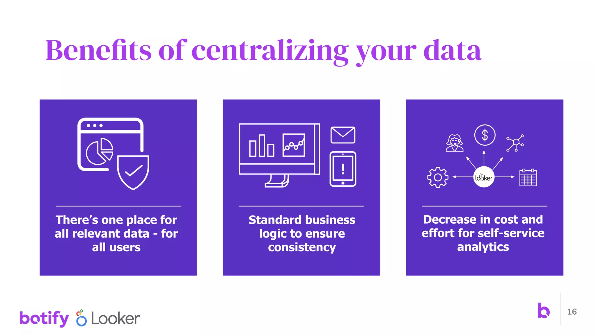 Benefits of centralizing your data
16
There’s one place for
all relevant data - for
all users
Decrease in cost and
effort for self-service
analytics
Standard business
logic to ensure
consistency
!
 