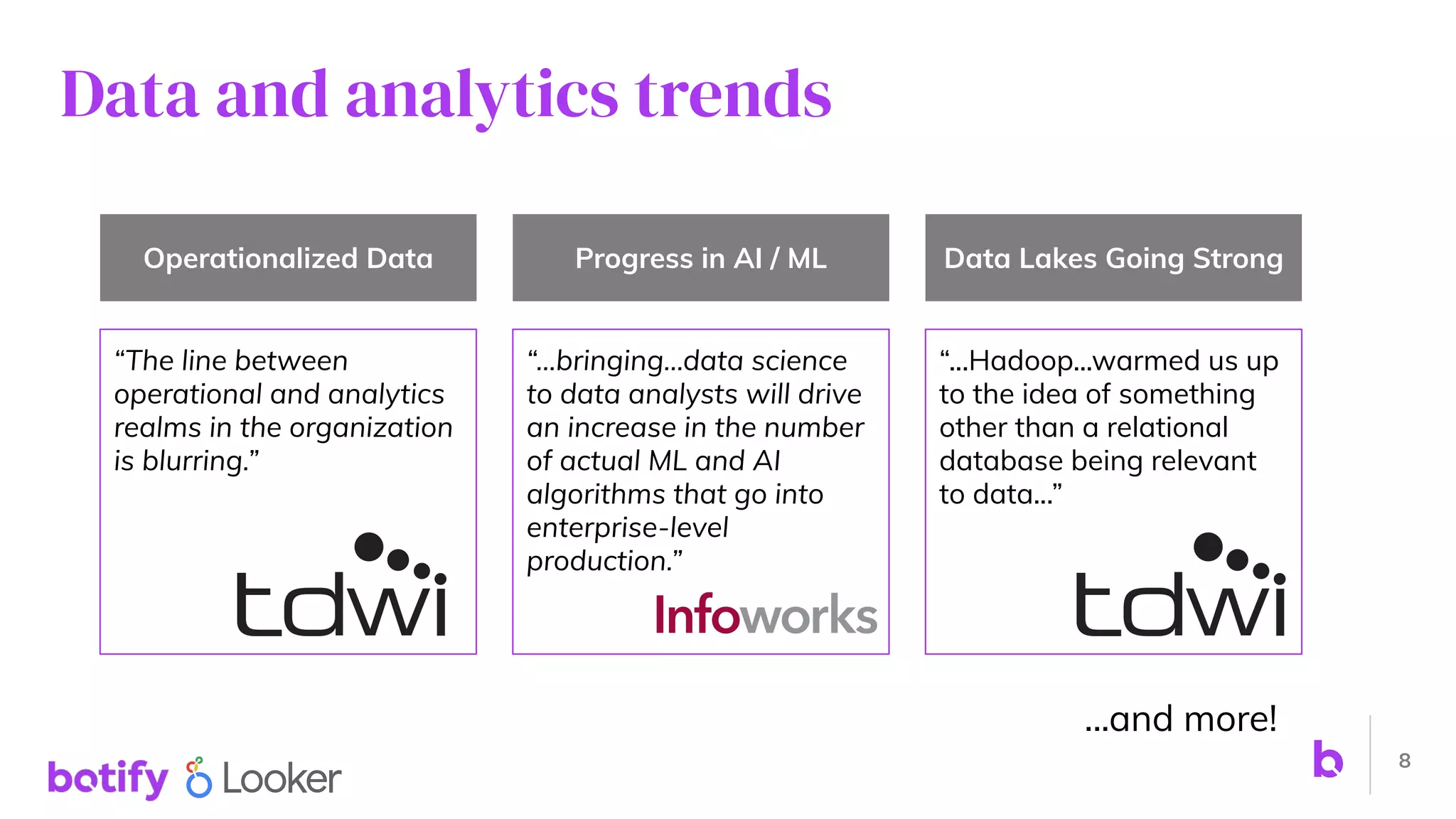 “...Hadoop...warmed us up
to the idea of something
other than a relational
database being relevant
to data...”
8
Operationalized Data
“The line between
operational and analytics
realms in the organization
is blurring.”
Progress in AI / ML
“...bringing...data science
to data analysts will drive
an increase in the number
of actual ML and AI
algorithms that go into
enterprise-level
production.”
Data Lakes Going Strong
...and more!
Data and analytics trends
 