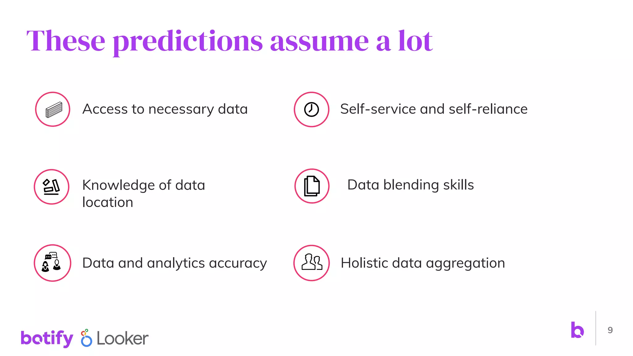 9
Knowledge of data
location
Data blending skills
Access to necessary data Self-service and self-reliance
Data and analytics accuracy Holistic data aggregation
These predictions assume a lot
 