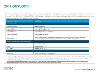2012 OUTLOOK

While it is likely that the higher than forecasted Gross Billings growth rate experienced in the first half of the year in the EMEA region will slow in the second half, EMEA is on track for a strong year and is
compensating for some top line softness in the Canada and US & APAC business segments. As a result, we are reiterating our 2012 annual guidance provided in the February 22, 2012 earnings press release.

For the year ending December 31, 2012, Aimia expects to report the following:


      Key Financial Metric                                                        Target Range

      Consolidated Outlook

      Gross Billings Growth 1                                                     Between 3% and 5%

      Adjusted EBITDA2                                                            Between $370 and $380 million

      Free Cash Flow 2,3                                                          Between $220 million and $240 million

      Capital Expenditures                                                        To approximate $55 million

                                                                                  Current income tax rate is anticipated to approximate 27% in Canada and 17% in Italy. The Corporation
      Income Taxes
                                                                                  expects no significant cash income taxes will be incurred in the rest of its foreign operations.

      Business Segment Gross Billings Growth Outlook

      Canada                                                                      Between 2% and 4%

      EMEA                                                                        Between 8% and 11%

      US & APAC      1                                                            Between -2% and 2%

      Other

      Nectar Italia                                                               Greater than €60 million in Gross Billings

 1.       The Gross Billings growth guidance excludes the effect of a client loss (Qantas) in APAC at the end of the first quarter of 2012. The target growth ranges are based on 2011 reported Gross Billings, excluding $40 million related to
          Qantas. The client loss will have a negligible impact on Adjusted EBITDA
 2.       The Adjusted EBITDA and Free Cash Flow outlook range includes an assumption of planned incremental operating expenses in business development activities, principally in the U.S., India and Brazil, technology platform related
          expenditures that are operating in nature and additional brand related expenses associated with our new branding, which in total will approximate $20 million in 2012.
 3.       Free Cash Flow before Dividends
      The above guidance excludes the effects of fluctuations in currency exchange rates. In addition, Aimia made a number of economic and market assumptions in preparing its 2012 forecasts, including assumptions regarding
      the performance of the economies in which the Corporation operates and market competition and tax laws applicable to the Corporation's operations.




                                                                                                                                                                                                 Q2 2012 Financial Highlights 19
 