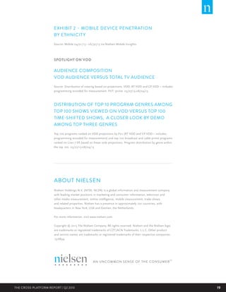 EXHIBIT 2 – MOBILE DEVICE PENETRATION
BY ETHNICIT Y
Source: Mobile 04/01/13 - 06/30/13 via Nielsen Mobile Insights.

SPOTLIGHT ON VOD

AUDIENCE COMPOSITION
VOD AUDIENCE VERSUS TOTAL TV AUDIENCE
Source: Distribution of viewing based on projections. VOD: RT VOD and CP VOD – includes
programming encoded for measurement. PUT: prime. 05/27/13-08/04/13

DISTRIBUTION OF TOP 10 PROGRAM GENRES AMONG
TOP 100 SHOWS VIEWED ON VOD VERSUS TOP 100
TIME-SHIFTED SHOWS, A CLOSER LOOK BY DEMO
AMONG TOP THREE GENRES
Top 100 programs ranked on VOD projections by P2+ (RT VOD and CP VOD – includes
programming encoded for measurement) and top 100 broadcast and cable prime programs
ranked on Live+7 lift based on linear only projections. Program distribution by genre within
the top 100. 05/27/13-08/04/13

ABOUT NIELSEN
Nielsen Holdings N.V. (NYSE: NLSN) is a global information and measurement company
with leading market positions in marketing and consumer information, television and
other media measurement, online intelligence, mobile measurement, trade shows
and related properties. Nielsen has a presence in approximately 100 countries, with
headquarters in New York, USA and Diemen, the Netherlands.
For more information, visit www.nielsen.com.
Copyright © 2013 The Nielsen Company. All rights reserved. Nielsen and the Nielsen logo
are trademarks or registered trademarks of CZT/ACN Trademarks, L.L.C. Other product
and service names are trademarks or registered trademarks of their respective companies.
13/6894

THE CROSS-PLATFORM REPORT | Q2 2013

19

 