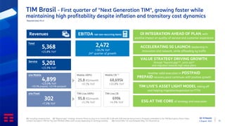 Q2 ‘22 Results
4 August 2022 13
TIM Brasil - First quarter of "Next Generation TIM", growing faster while
maintaining high profitability despite inflation and transitory cost dynamics
4,899
+23.0% YoY
+19.3% prepaid, +22.4% postpaid
Revenues
5,368
+21.8% YoY
5,201
+21.9% YoY
Total
Service
o/w Mobile
2,472
+18.2% YoY
24th quarter of growth
EBITDA net non-recurring items
302
+7.3% YoY
o/w Fixed
25.8 R$/month
+0.1% YoY
95.8 R$/month
+5.5% YoY
Mobile ARPU
TIM Live ARPU
68,695k
+33.8% YoY
699k
+4.9% YoY
Mobile CB (1)
TIM Live CB
Reported data, R$ m
(1) Including company lines (2) “Beyond giga” strategy: Amazon Prime as plug-in to Control (R$ 14,90 with 2GB internet bonus) and in Postpaid, embedded in the TIM Black plans; Prime Video
content included in TIM Pré Top and TIM Beta offers (with access depending on recharge activity) (3) Control (Mar ‘22) and Postpaid (May ‘22) CB priced up
OI INTEGRATION AHEAD OF PLAN, with
positive impact on quality-of-service and customer experience
VALUE STRATEGY DRIVING GROWTH,
through “beyond giga“(2) , price ups(3)
and migration towards high value plans
ACCELERATING 5G LAUNCH: leadership in
innovation and network, while offloading 4g traffic
Another solid execution in POSTPAID
PREPAID recovery pace continues with positive growth
TIM LIVE’S ASSET LIGHT MODEL taking off
and helping migration/expansion to FTTH
ESG AT THE CORE of strategy and execution
 
