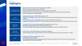 Q2 ‘22 Results
4 August 2022 4
Highlights
(1) TIM, LEONARDO, CDP and SOGEI consortium (2) National Recovery and Resilience Plan (3) Equivalent to >94% of families with an active fixed line (4) UBB take up calculated
on technical HHs covered by UBB
▪ FTTH roll-out on track, 28% of technical units covered (+1.8pp QoQ)
▪ UBB coverage and take up increase (coverage +3.4pp YoY to >90% of technical units(3), take up +2.8pp YoY to >47%(4))
Network:
FTTH roll-out
Improving YoY trends in Q2 both on Service Revenues and EBITDA:
▪ Service revenues growth accelerating in TIM Brasil
▪ Domestic Fixed: better FSR trend both YoY and QoQ, higher ARPU, lower churn
▪ Domestic Mobile: market cooling down, human lines trend improving with churn at lowest level of last 16 years
▪ Benefits of efficiencies on Domestic EBITDA
Improving trends,
both on financials & KPIs
▪ Implementation ongoing, ~€ 200m OPEX savings in H1 ‘22
▪ Continued and relentless review of cost transformation projects, aiming at improving TIM structural mid-term trajectory of the
cost base
▪ Further savings on cash costs identified reaching -€ 1.5bn on overall cash cost base at ‘24
▪ Agreement on “Expansion Contract” for ‘22-‘24 signed with labour unions securing ~30% of the ‘23 P&L OPEX reduction target
Cost
transformation
NRRP/NSH
initiatives
▪ All tenders for fixed and mobile UBB assigned, TIM awarded lots in each of them
▪ National Strategic Hub right to match exercised by TIM consortium(1)
▪ The majority of NRRP(2) CAPEX impact in 2022-'24 will be absorbed thanks to TIM’s Transformation Plan
▪ Equity Free Cash Flow AL slightly positive in H1 ‘22
▪ Well hedged and diversified debt
▪ Sound liquidity position, further strengthened by € 2bn SACE financing cashed in at the end of July and € 1.5bn Inwit sale
proceeds expected in the forthcoming days
EFCF
TIM Group
 