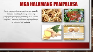 MGA HALAMANG PAMPALASA
Ilan sa mga pampalasa ng pagkain ay ang luya, sili,
cinnamon at nutmeg. Lubhang mataas ang
pangangailangan ng mga produktong ito sa Europeo
kung kaya’t maraming kanluranin ang naghahangad
na makontrol ang Moluccas.
 