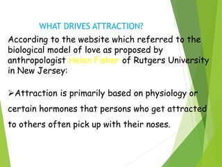 WHAT DRIVES ATTRACTION?
According to the website which referred to the
biological model of love as proposed by
anthropologist Helen Fisher of Rutgers University
in New Jersey:
Attraction is primarily based on physiology or
certain hormones that persons who get attracted
to others often pick up with their noses.
 