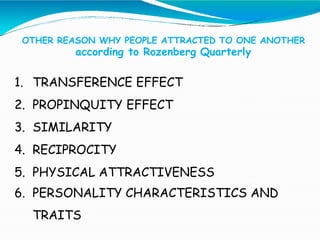 OTHER REASON WHY PEOPLE ATTRACTED TO ONE ANOTHER
according to Rozenberg Quarterly
1. TRANSFERENCE EFFECT
2. PROPINQUITY EFFECT
3. SIMILARITY
4. RECIPROCITY
5. PHYSICAL ATTRACTIVENESS
6. PERSONALITY CHARACTERISTICS AND
TRAITS
 