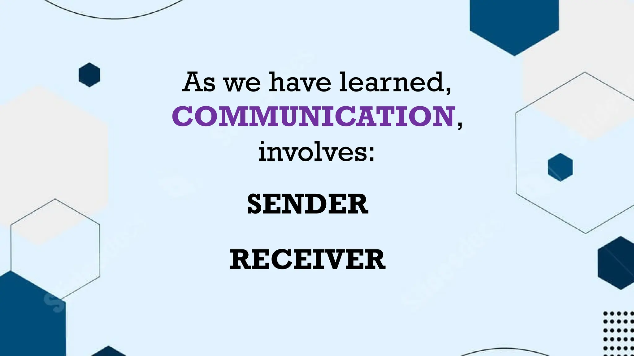 As we have learned,
COMMUNICATION,
involves:
SENDER
RECEIVER
 