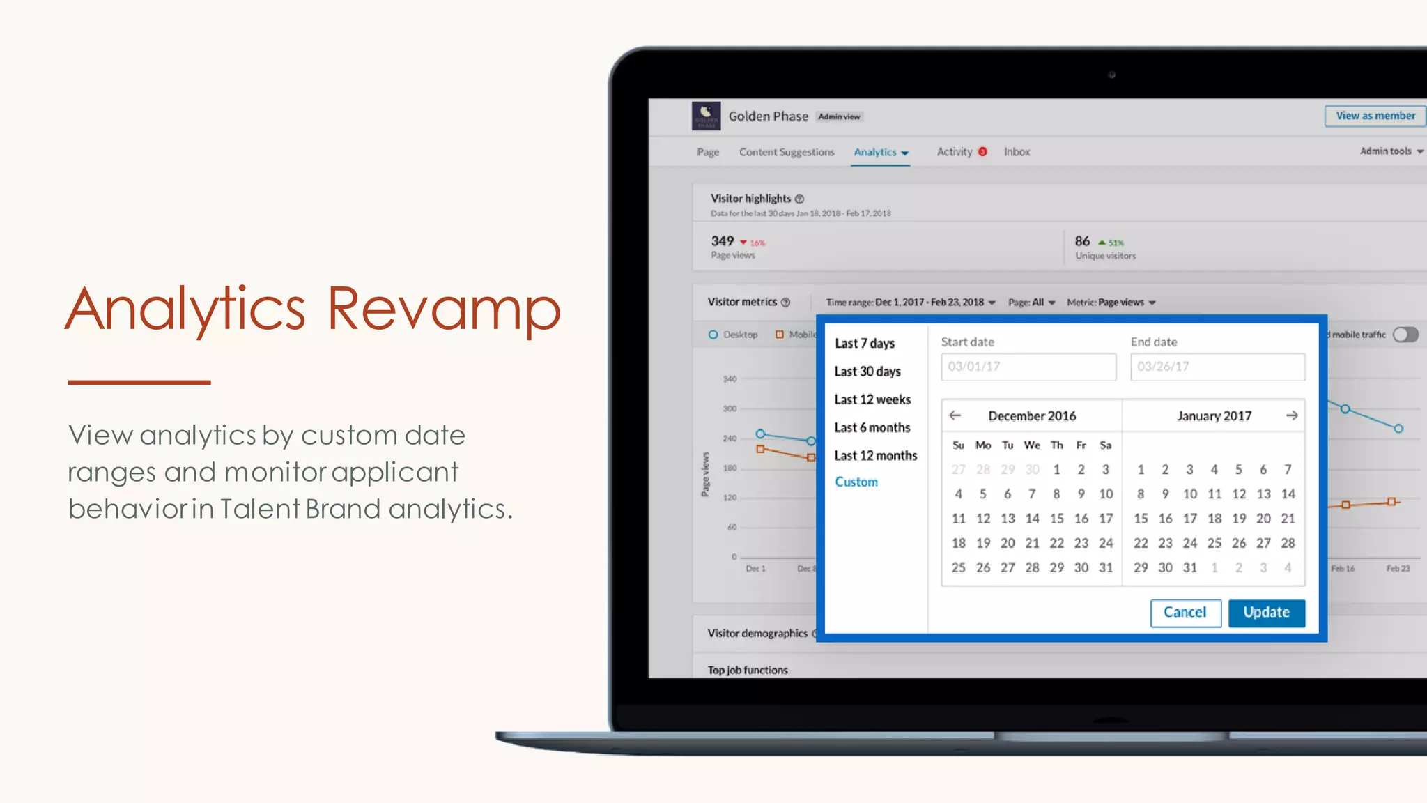 View analytics by custom date
ranges and monitor applicant
behavior in Talent Brand analytics.
Analytics Revamp
 