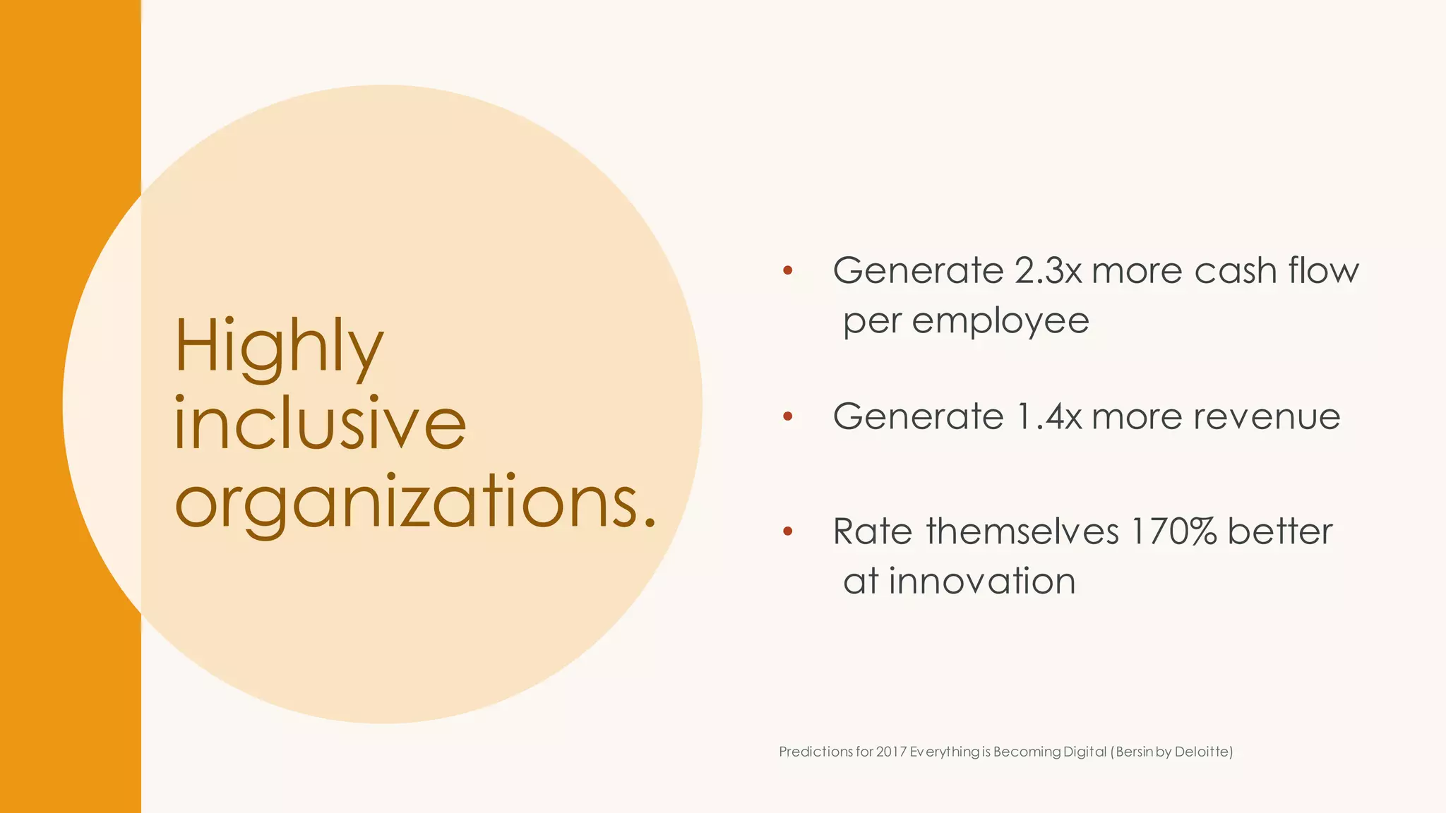 Predictions for 2017 Everything is Becoming Digital (Bersinby Deloitte)
• Generate 2.3x more cash flow
per employee
• Generate 1.4x more revenue
• Rate themselves 170% better
at innovation
Highly
inclusive
organizations.
 