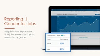 Insights in Jobs Report show
how job views and job apply
rate varies by gender.
Reporting |
Gender for Jobs
 
