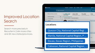 Search more precisely in
Recruiter in 2.4M more cities
and 2K new states/provinces.
Improved Location
Search
 