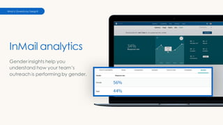 InMail analytics
What is Diversity by Design?
Gender insights help you
understand how your team’s
outreach is performing by gender.
 