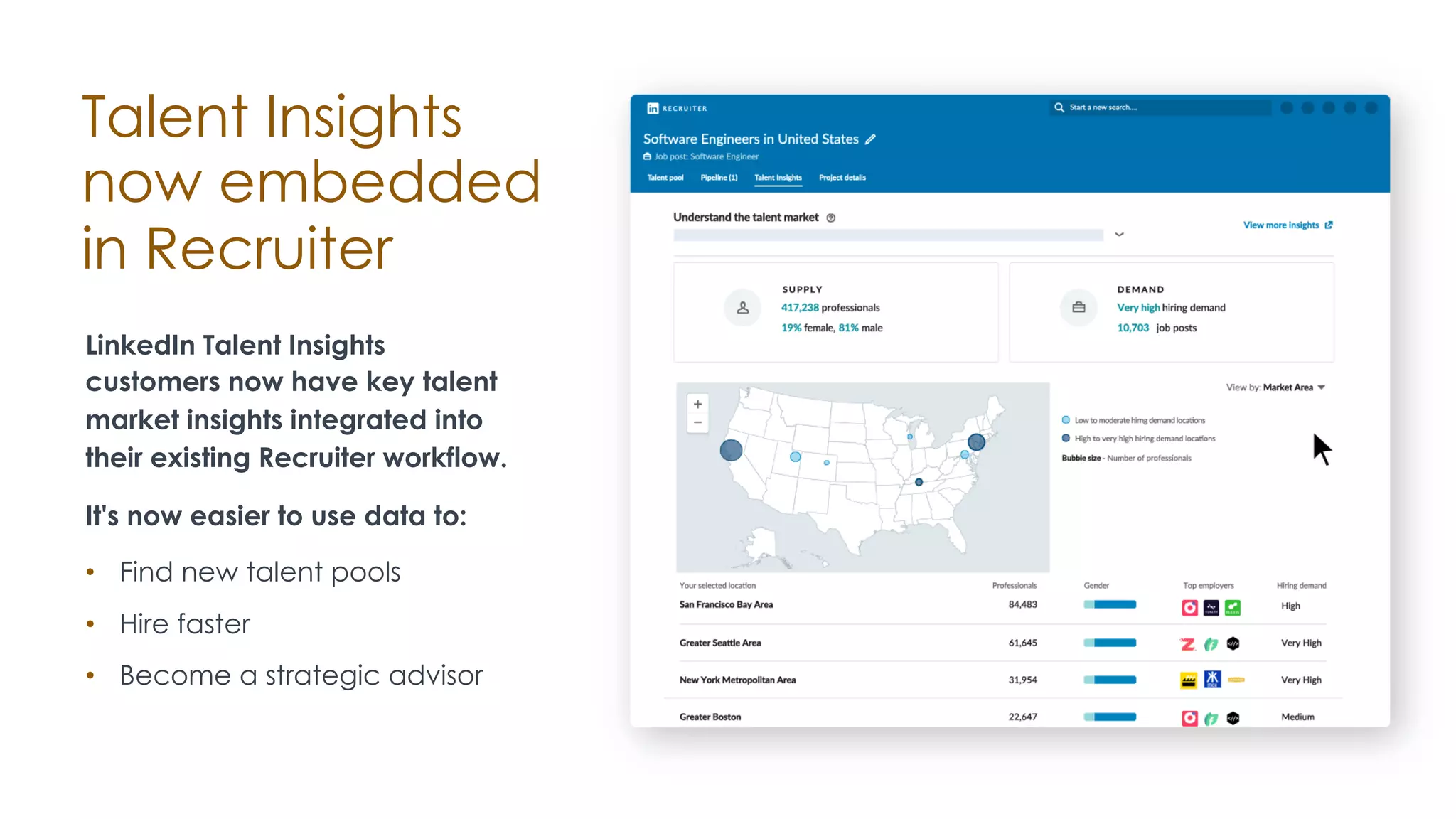 LinkedIn Talent Insights
customers now have key talent
market insights integrated into
their existing Recruiter workflow.
• Find new talent pools
• Hire faster
• Become a strategic advisor
It's now easier to use data to:
Talent Insights
now embedded
in Recruiter
 