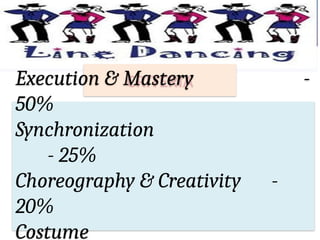 CRITERIA
Execution & Mastery -
50%
Synchronization
- 25%
Choreography & Creativity -
20%
Costume
 