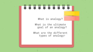 What is analogy?
What is the ultimate
goal of an analogy?
What are the different
types of analogy?
 