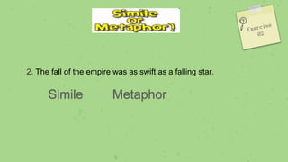 2. The fall of the empire was as swift as a falling star.
Simile Metaphor
 