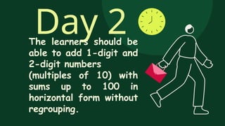 Day 2
The learners should be
able to add 1-digit and
2-digit numbers
(multiples of 10) with
sums up to 100 in
horizontal form without
regrouping.
 