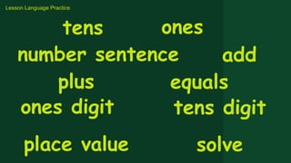 Lesson Language Practice
tens ones
number sentence add
plus equals
ones digit tens digit
place value solve
 