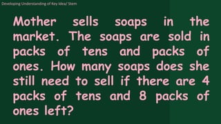 Developing Understanding of Key Idea/ Stem
Mother sells soaps in the
market. The soaps are sold in
packs of tens and packs of
ones. How many soaps does she
still need to sell if there are 4
packs of tens and 8 packs of
ones left?
 