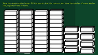 Show the representation below. Tell the learners that the counters also show the number of soaps Mother
sells, in packs of tens and ones.
 