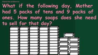 Extend the problem to:
What if the following day, Mother
had 5 packs of tens and 9 packs of
ones. How many soaps does she need
to sell for that day?
 